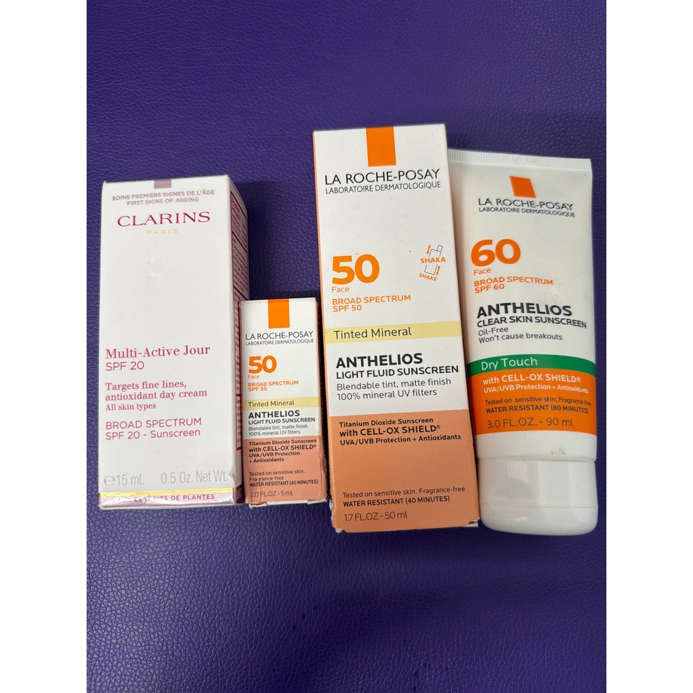La Roche-Posay Anthelios SPF 50 60 & Clarins Multi-Active SPF 20 Skincare Lot